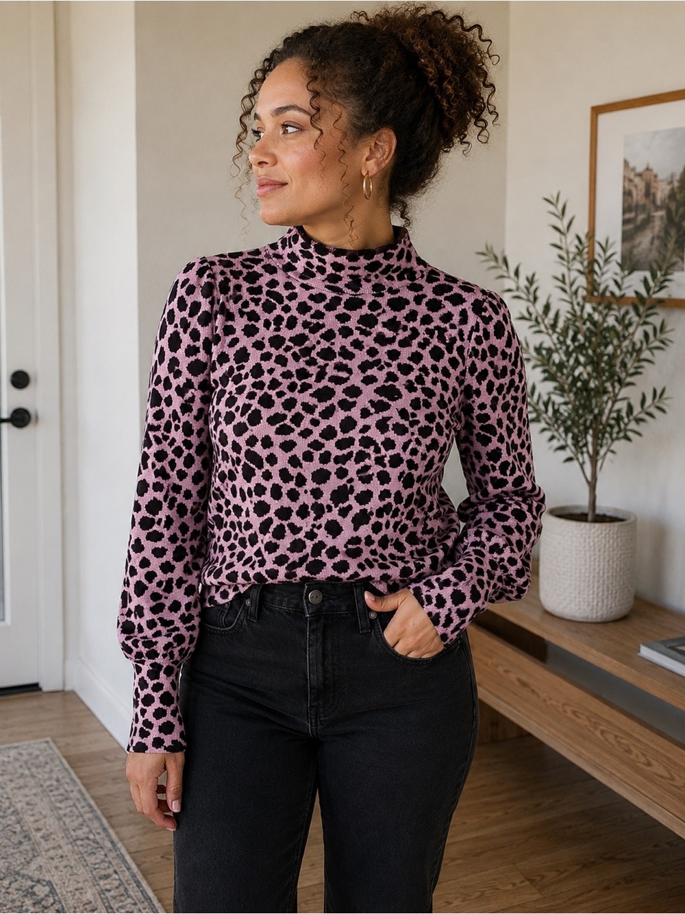 Ann Taylor Pink Black Animal Print Mock Neck Puff Sleeve Sweater Medium